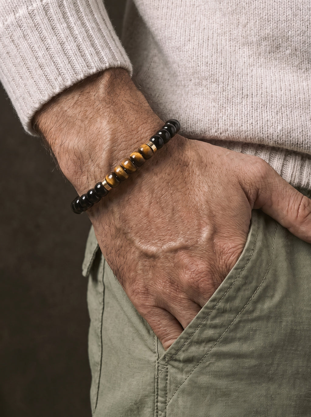 Obsidian Tiger Eye Tablet Bracelet worn on wrist