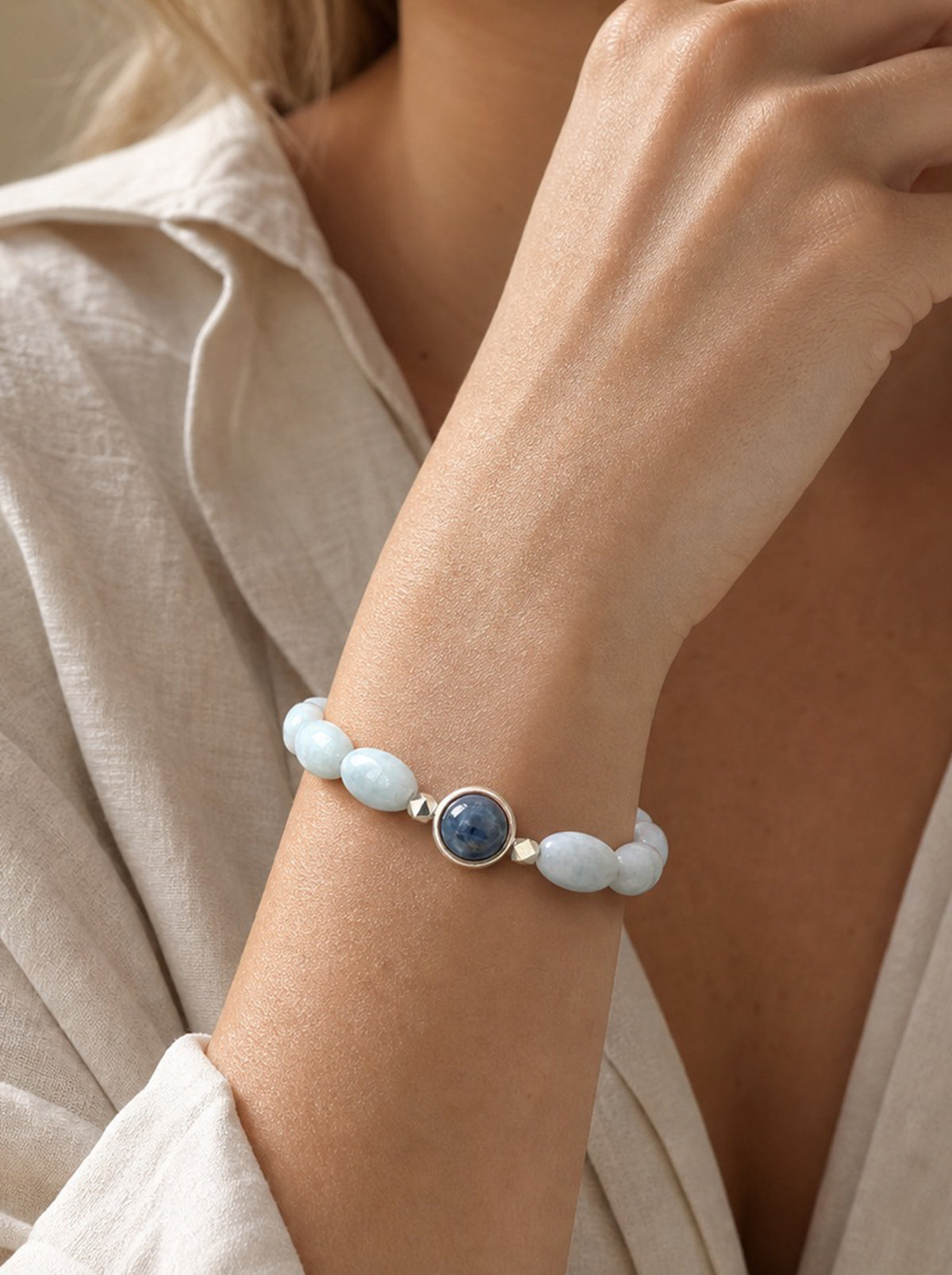 Blue Chalcedony Kyanite Seed Bead Bracelet worn on wrist