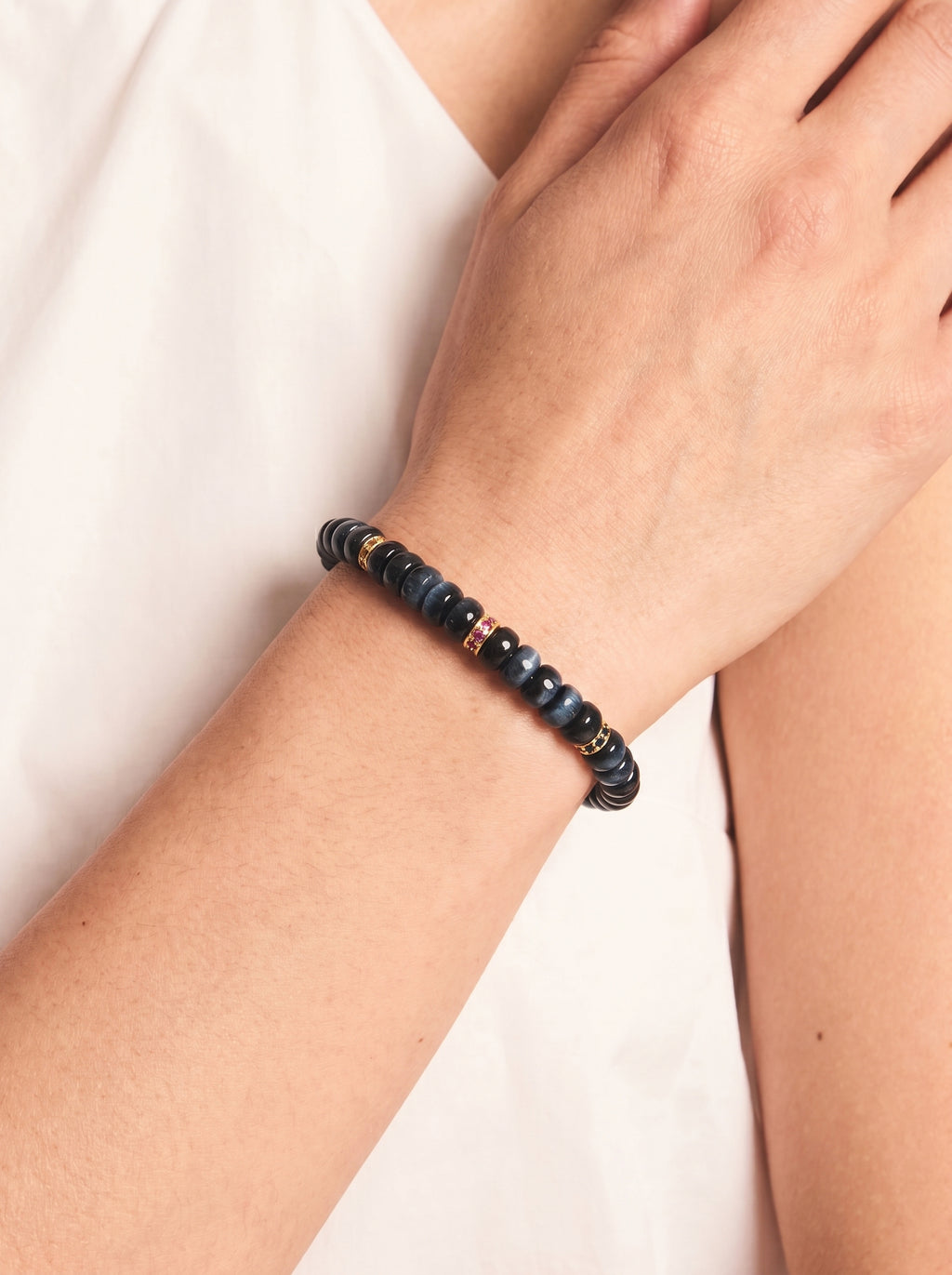Blue Tiger Eye Third Eye Chakra Tablet Bracelet worn on wrist