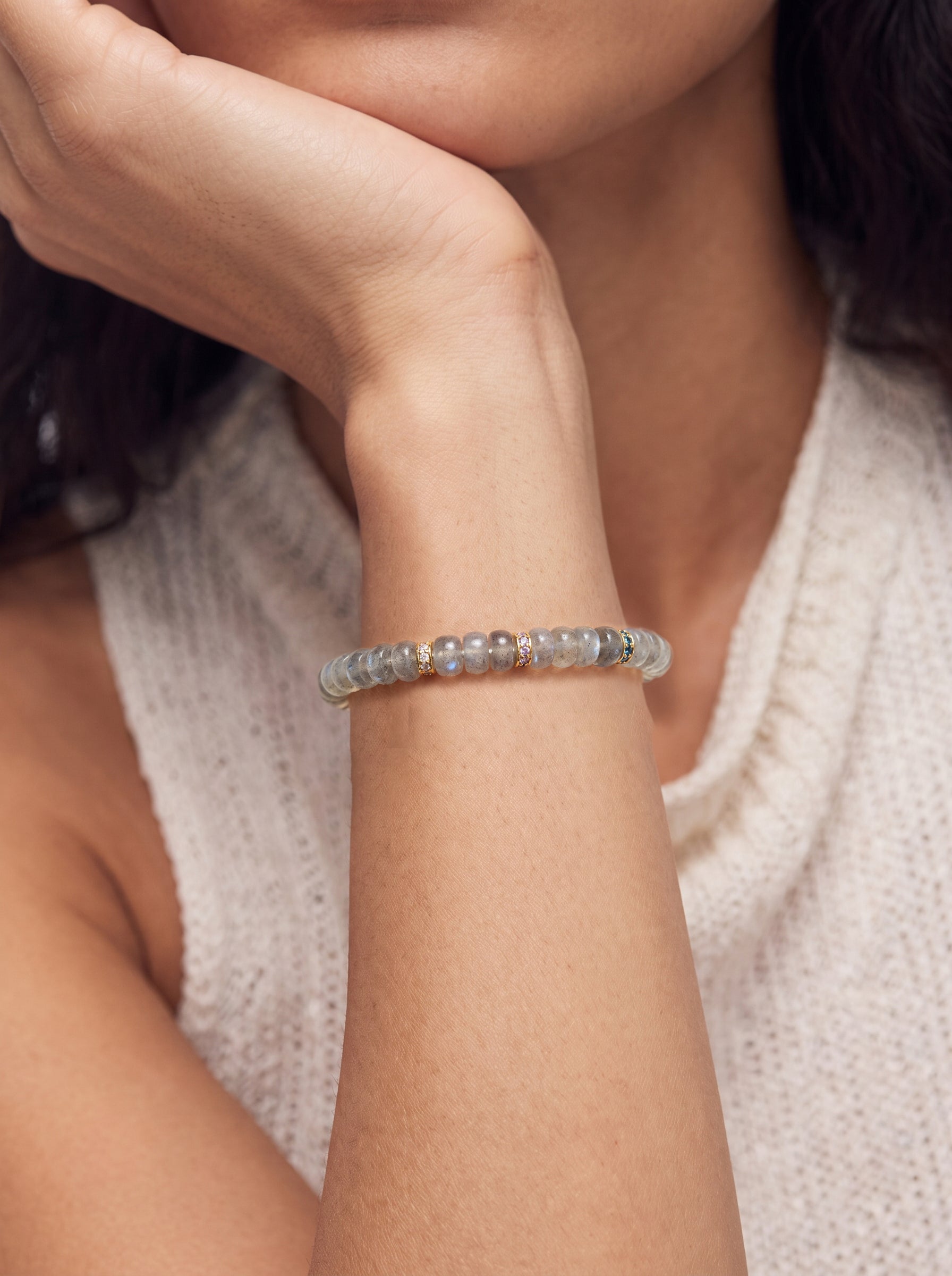 Grey Moonstone Third Eye Chakra Tablet Bracelet worn on wrist