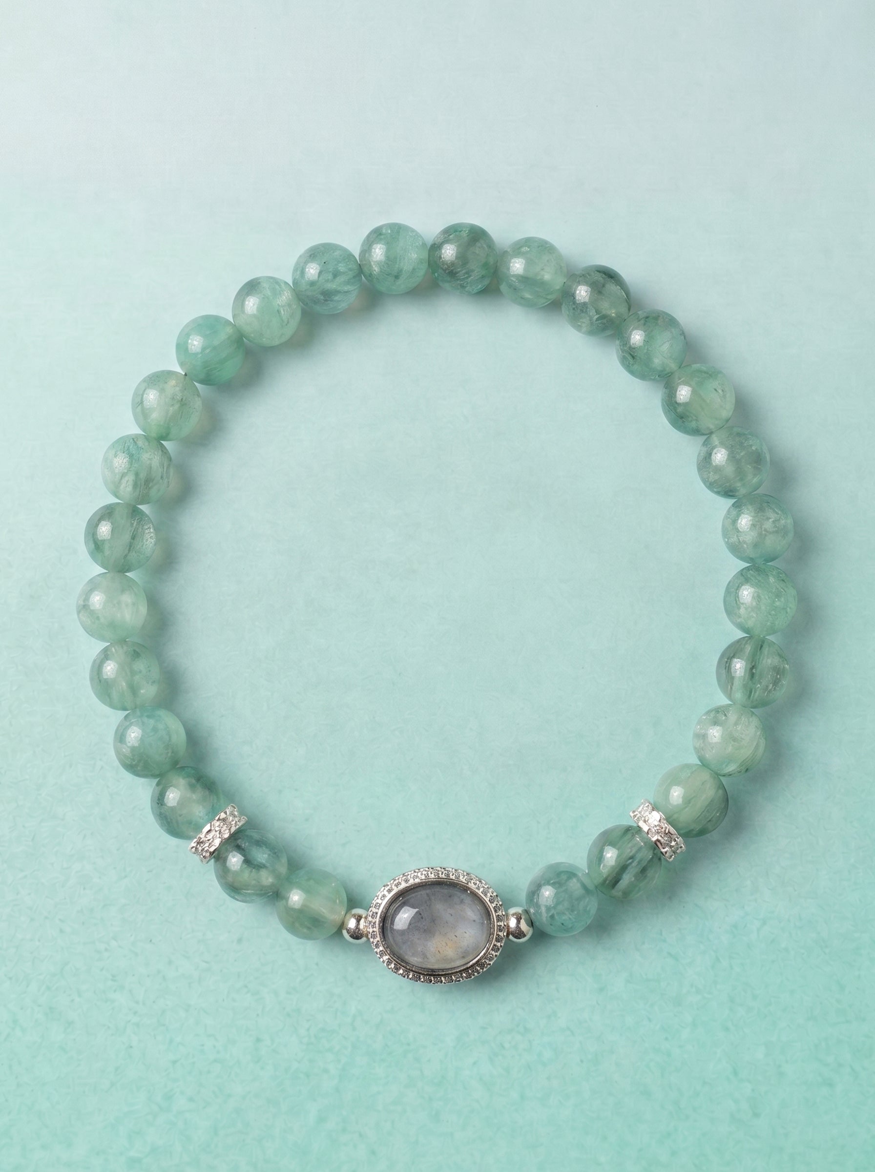 Green Blue Kyanite Statement Bracelet with a gray-blue oval focal stone