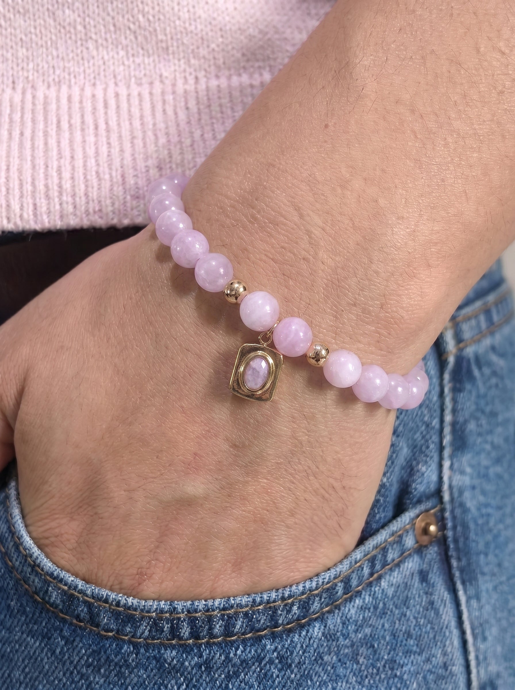 Kunzite Heart Chakra Charm Bracelet worn on wrist