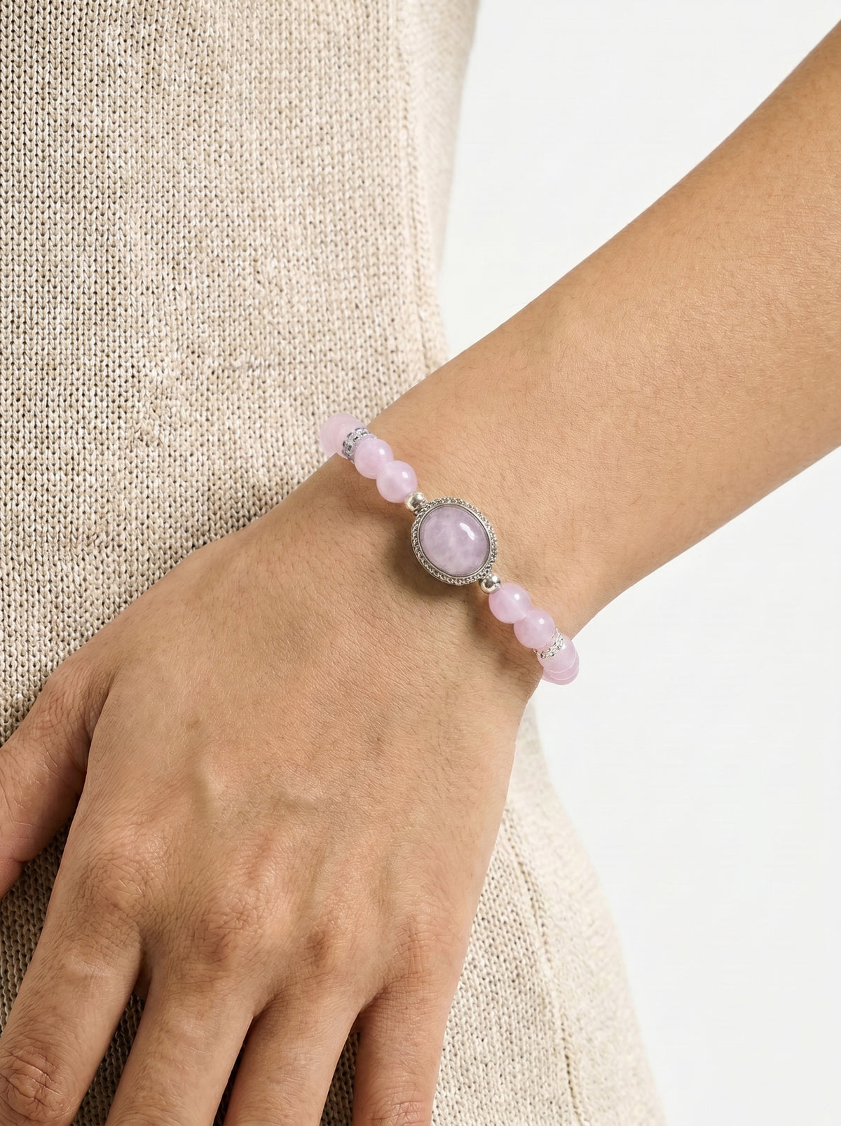 Kunzite Heart Chakra Statement Bracelet worn on wrist