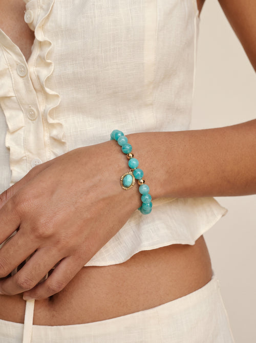 Amazonite Heart Chakra Charm Bracelet worn on wrist
