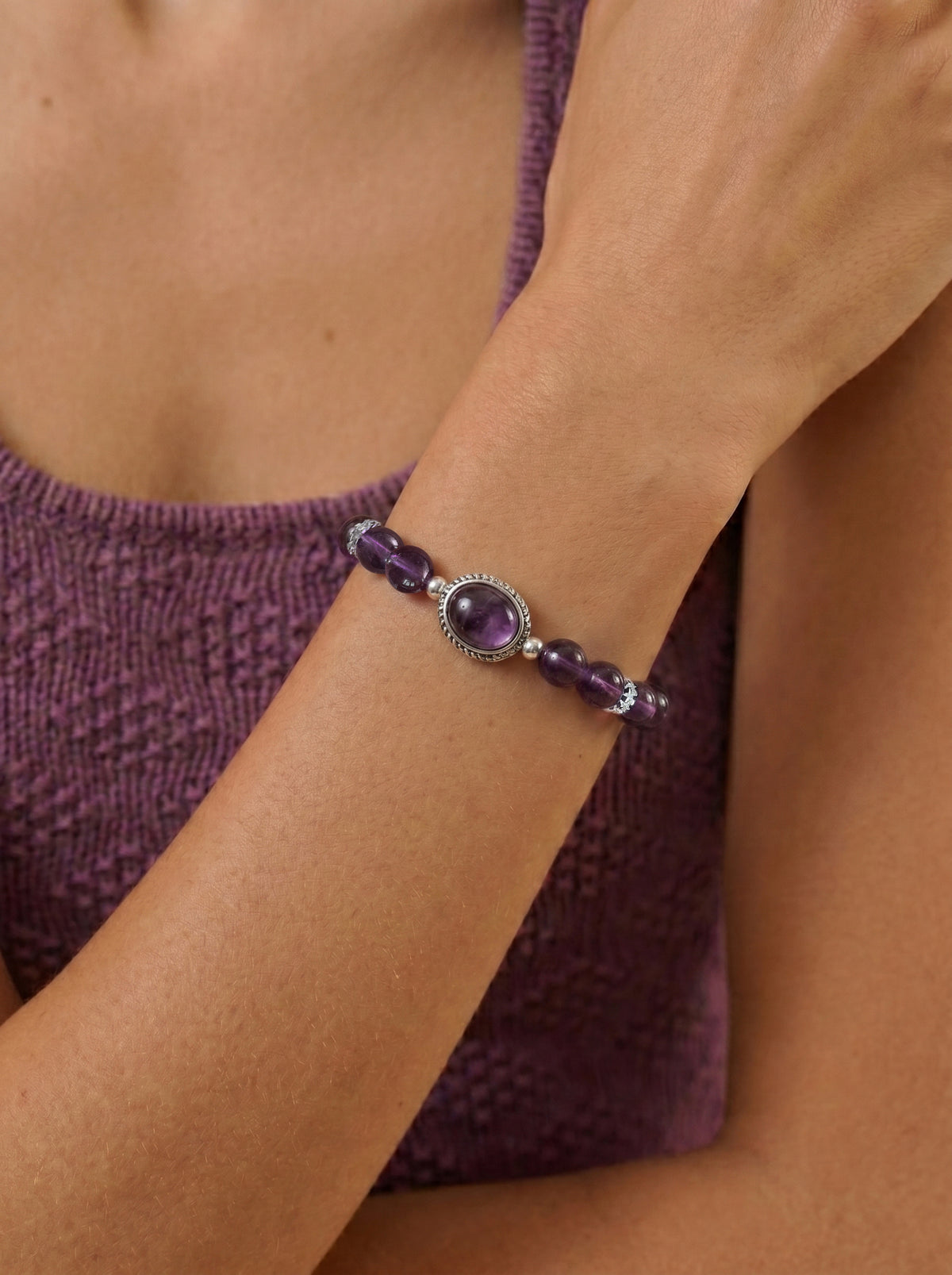 Amethyst Crown Chakra Statement Bracelet worn on wrist