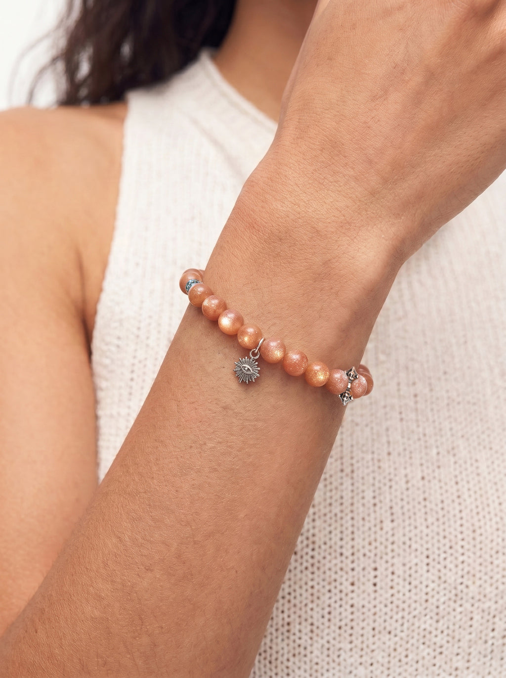 Sunstone Solar Plexus Chakra Vintage Silver Bracelet worn on wrist