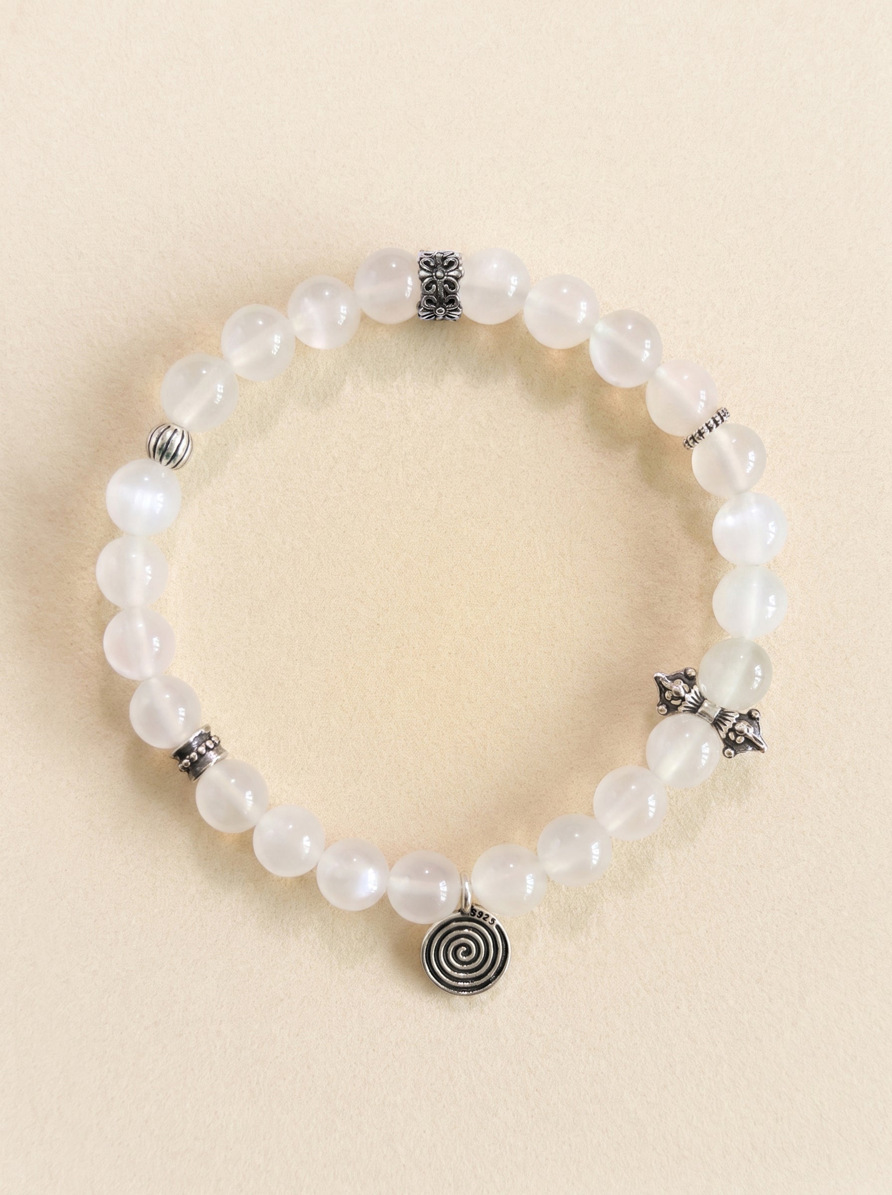 White Moonstone Crown Chakra Vintage Silver Bracelet