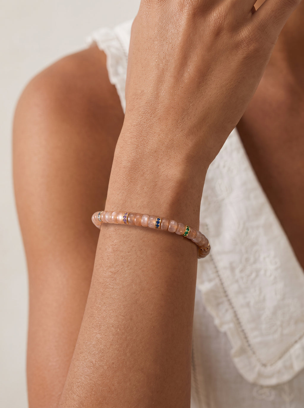 Orange Moonstone Sacral Chakra Tablet Bracelet worn on wrist