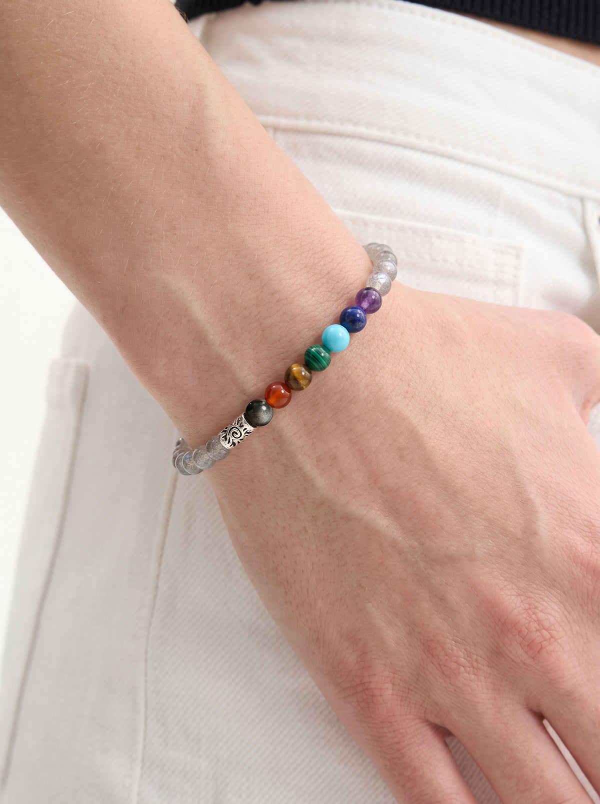 Grey Moonstone Seven-Color Third Eye Chakra Slim Bracelet worn on wrist