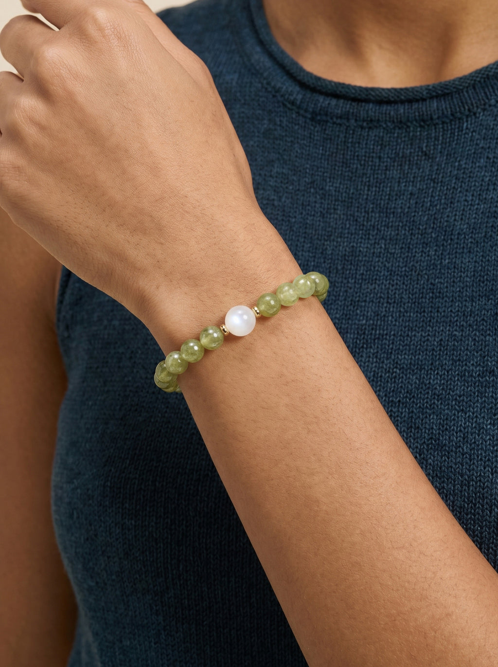 Tsavorite Moonstone Heart Chakra Accent Bracelet worn on wrist