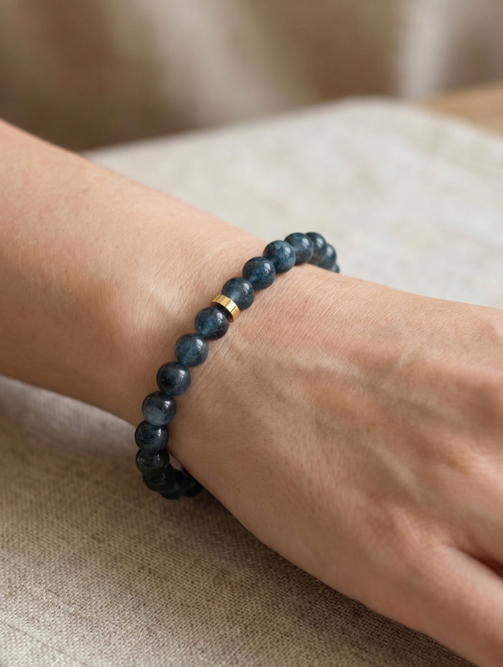 Aquamarine Throat Chakra Classic Bracelet worn on wrist
