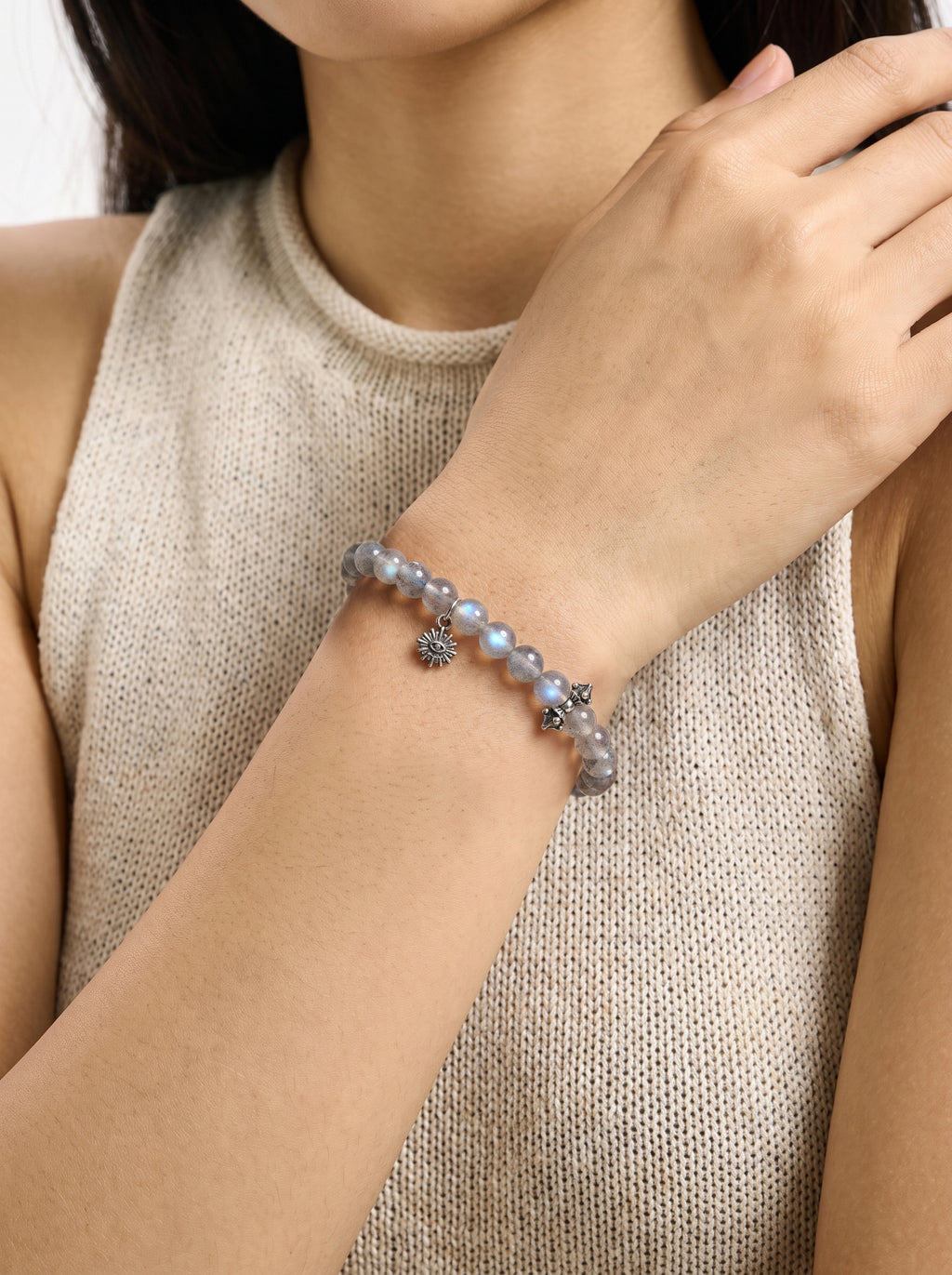 Labradorite Third Eye Chakra Vintage Silver Bracelet worn on wrist