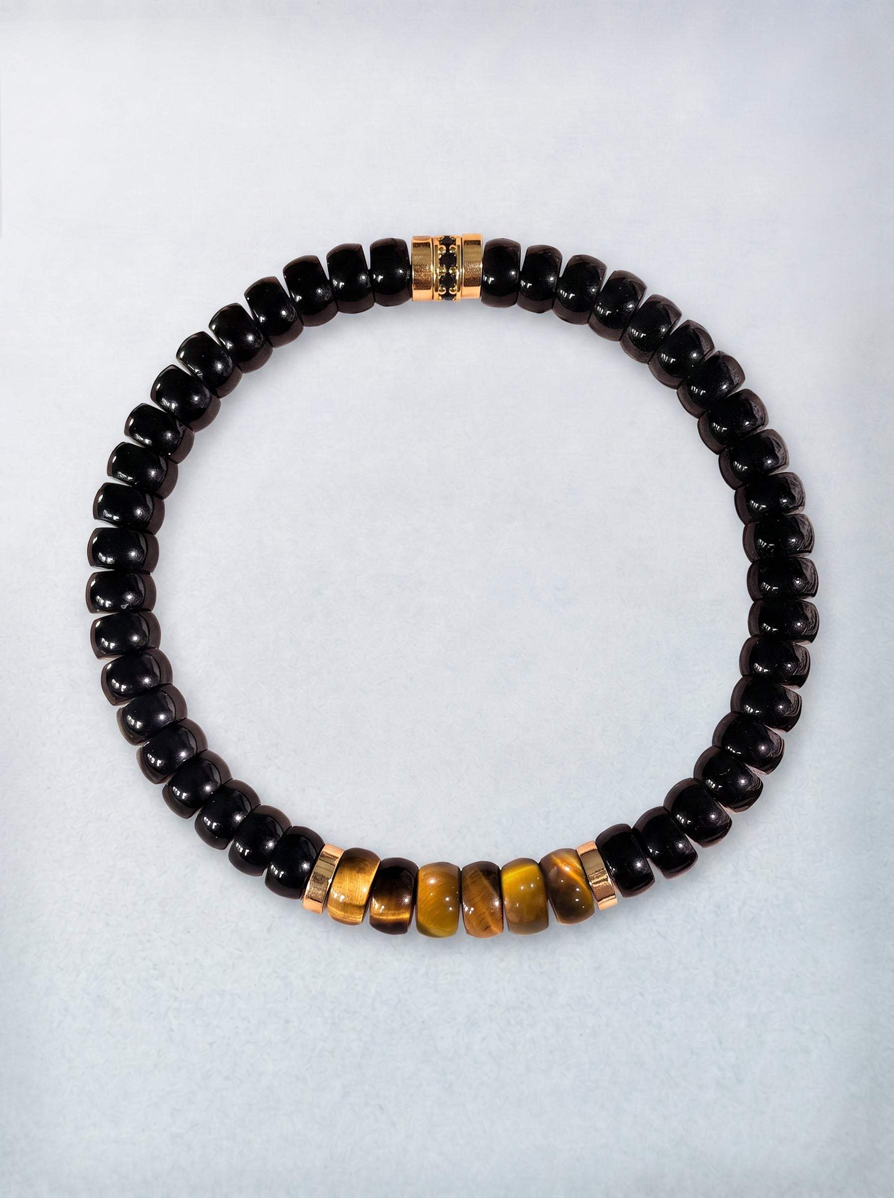 Obsidian Tiger Eye Tablet Bracelet with black and golden-brown tablet beads