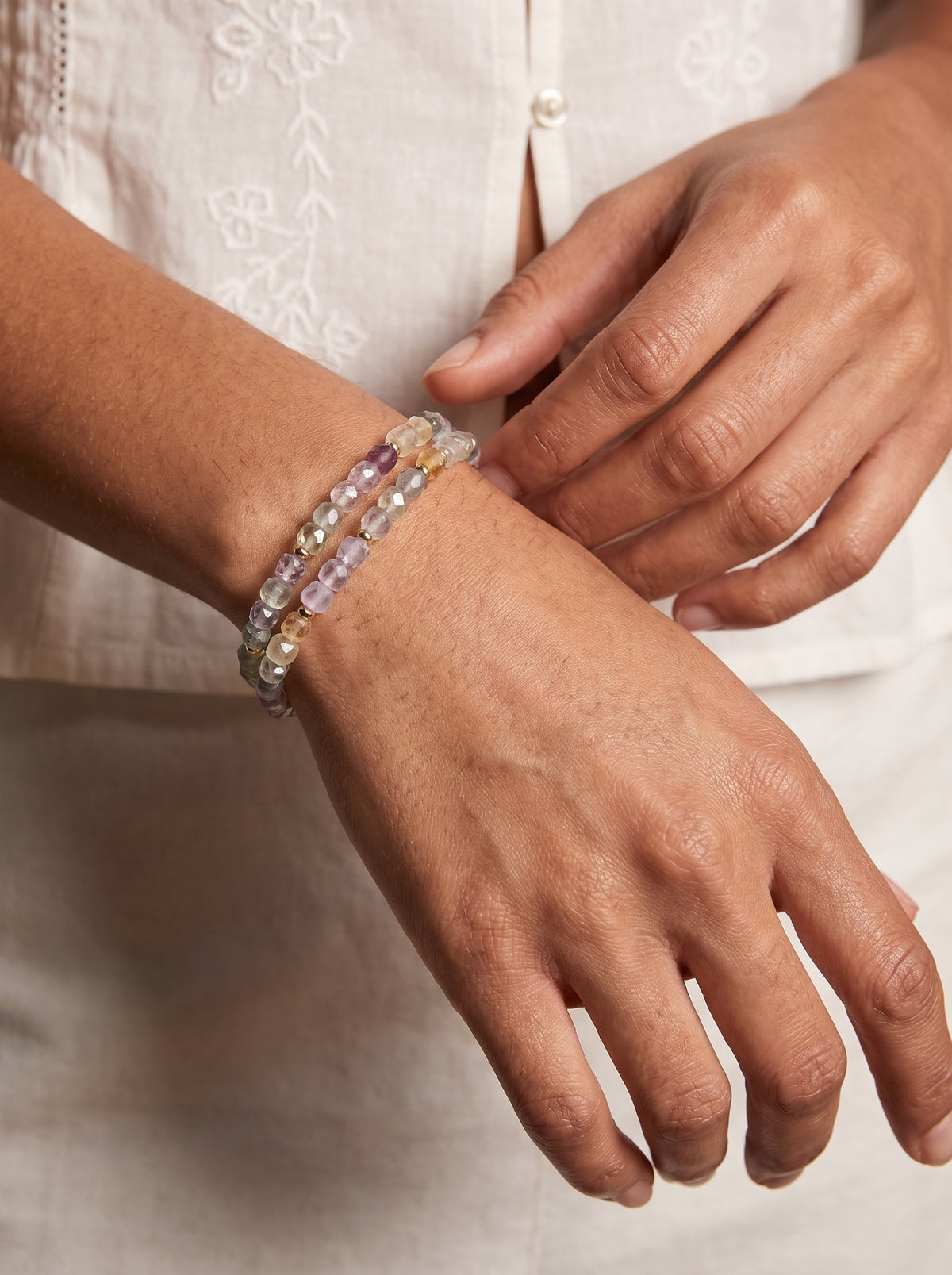 Double Wrap Fluorite Crown Chakra Bracelet worn on wrist