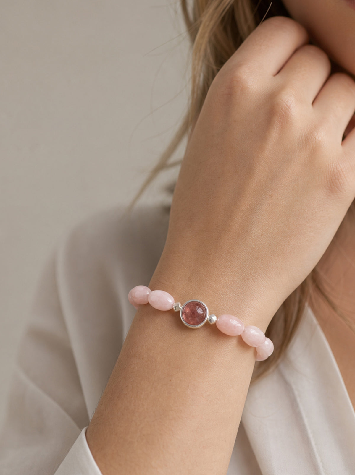 Pink Morganite Strawberry Quartz Seed Bead Bracelet worn on wrist