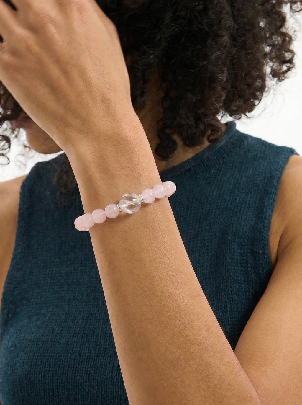 Rose Quartz Heart Chakra Accent Bracelet worn on wrist