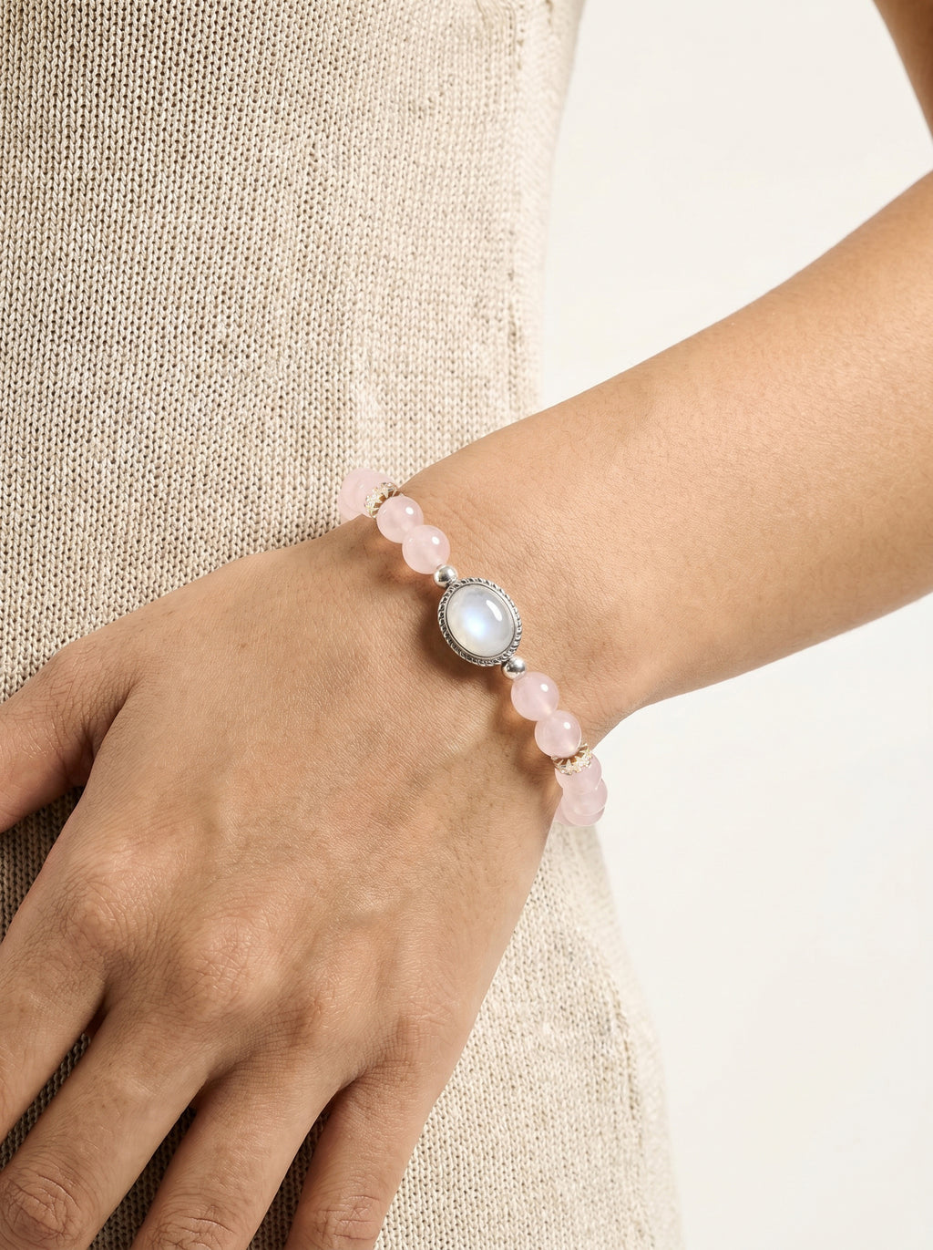 Rose Quartz Heart Chakra Statement Bracelet worn on wrist