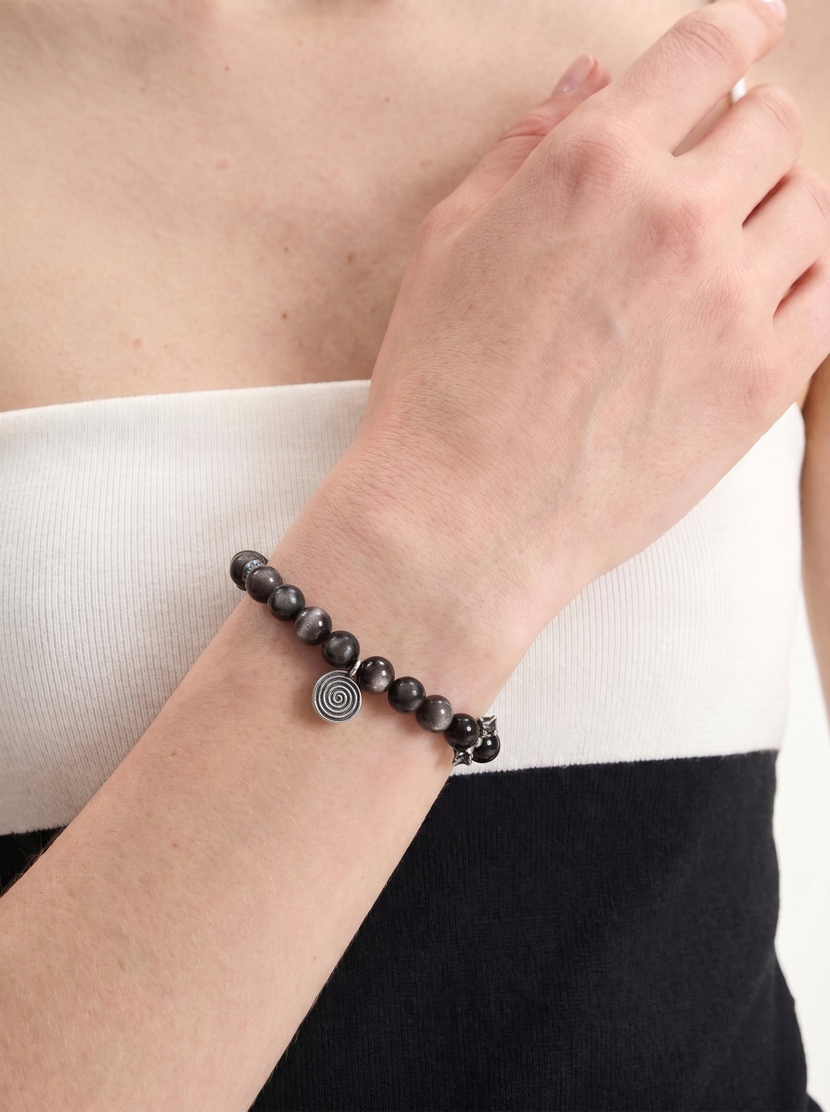 Silver Obsidian Root Chakra Vintage Silver Bracelet worn on wrist