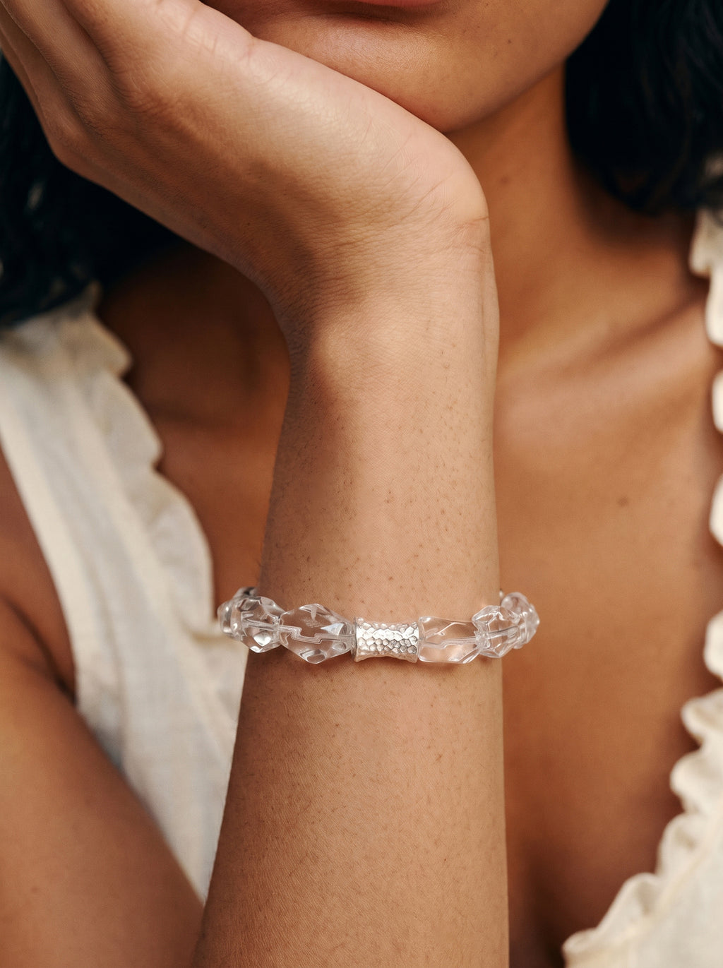 Irregular Clear Quartz Crown Chakra Bracelet worn on wrist