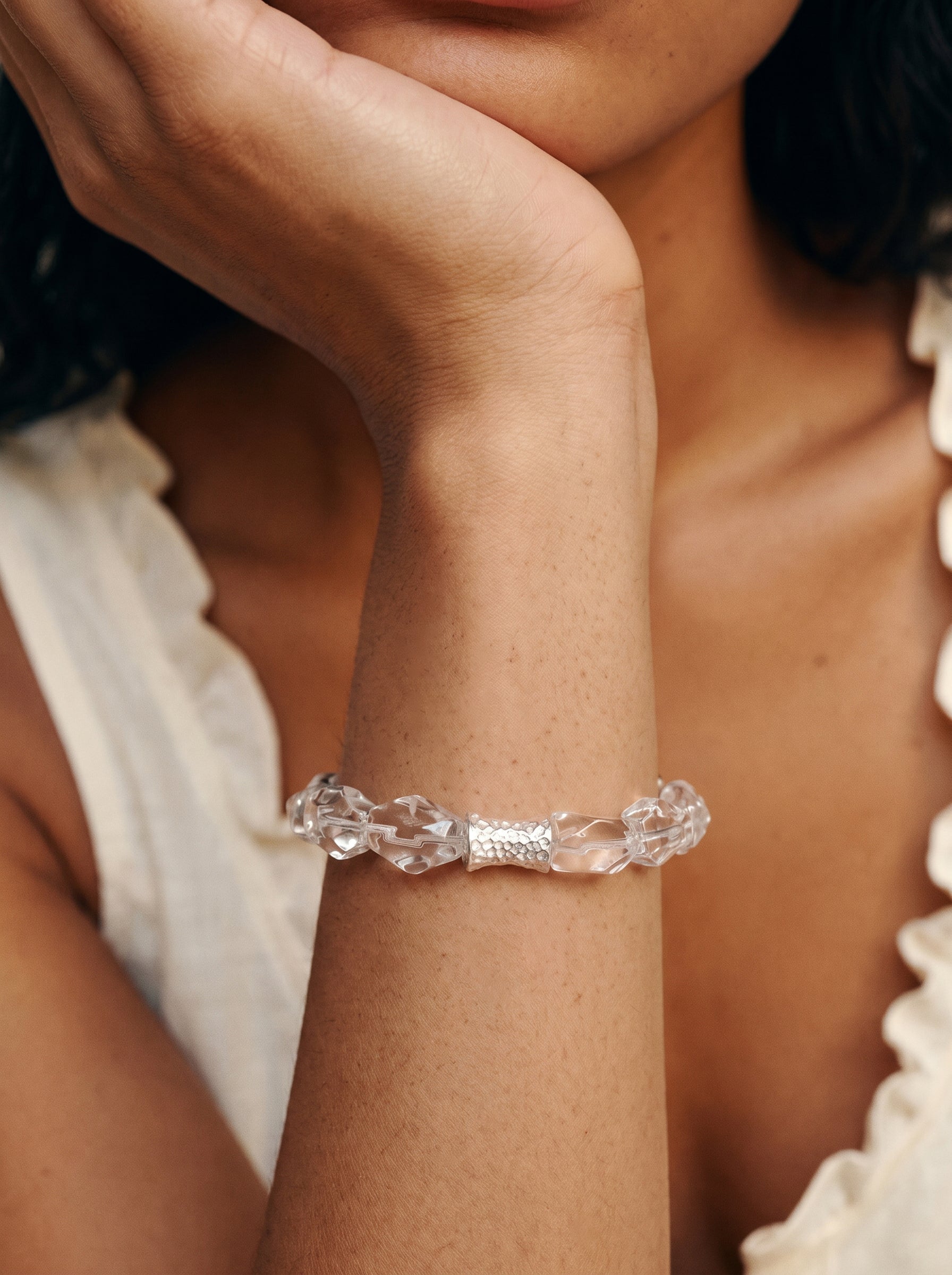 Irregular Clear Quartz Crown Chakra Bracelet worn on wrist