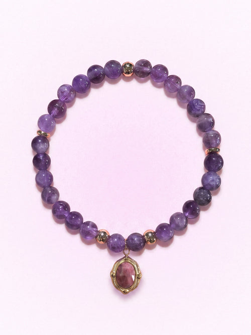 Amethyst Crown Chakra Charm Bracelet with gold-tone charm