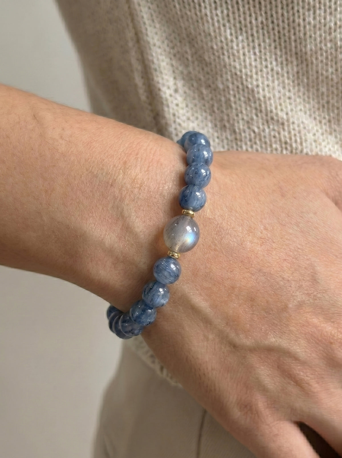 Kyanite Labradorite Throat Chakra Accent Bracelet worn on wrist