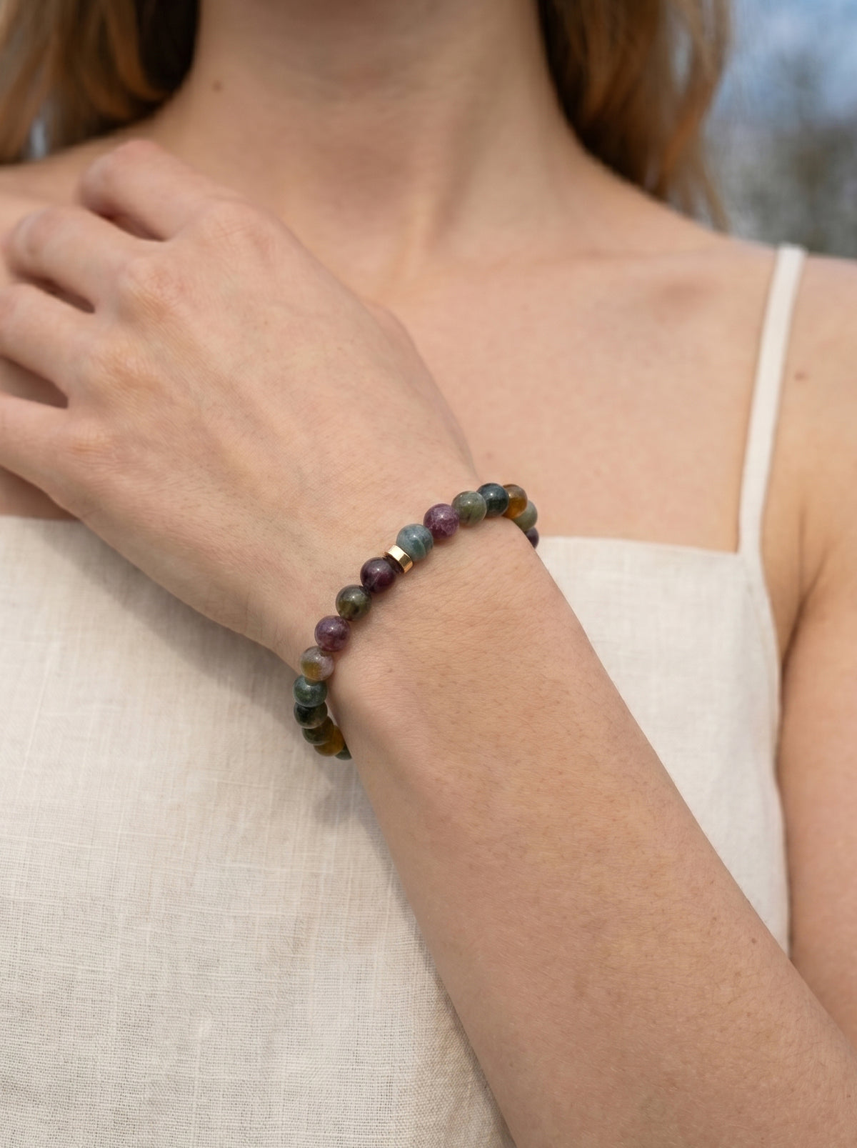 Multicolor Tourmaline Root Chakra Classic Bracelet worn on wrist
