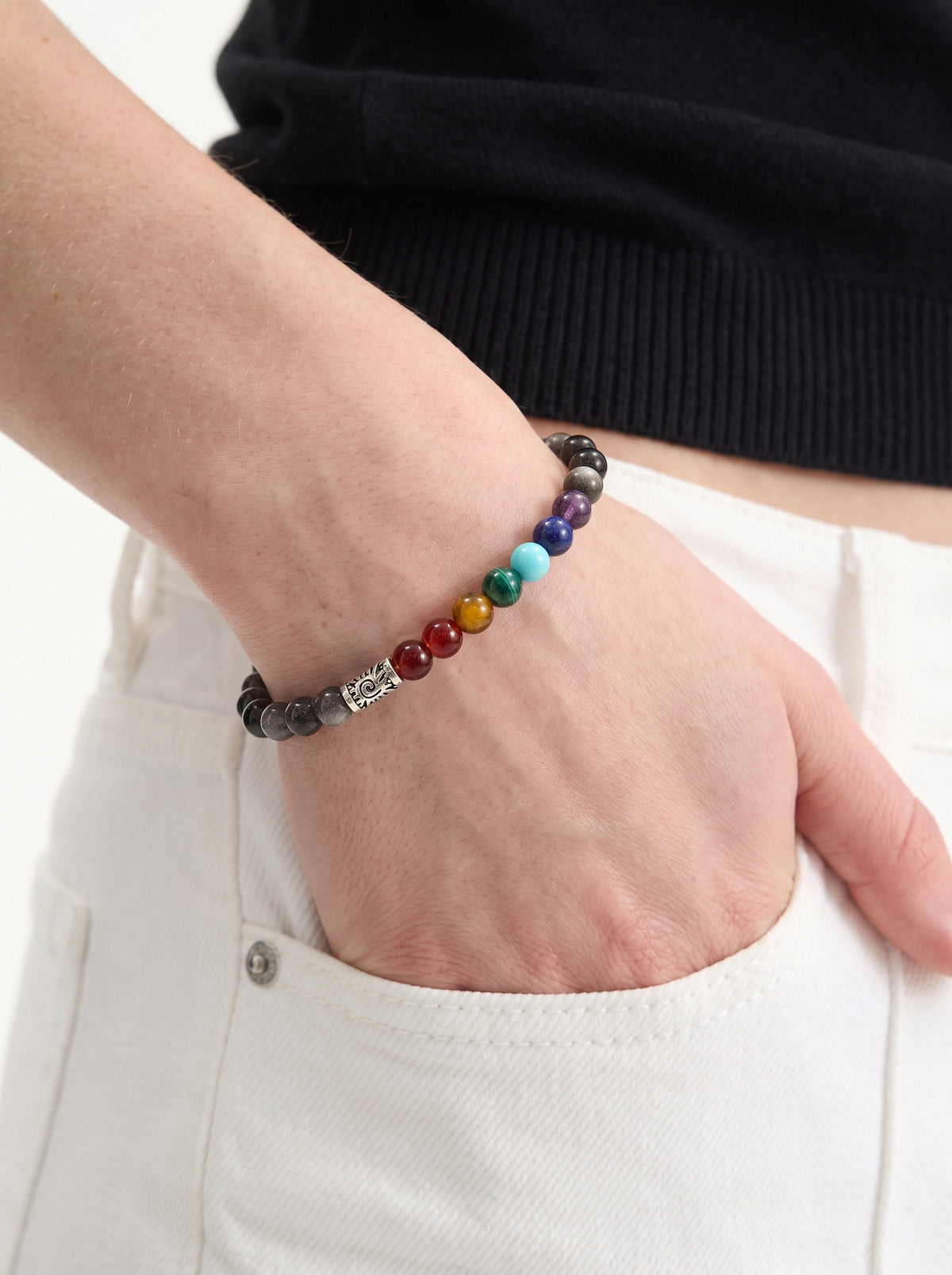 Silver Obsidian Root Chakra Slim Bracelet worn on wrist