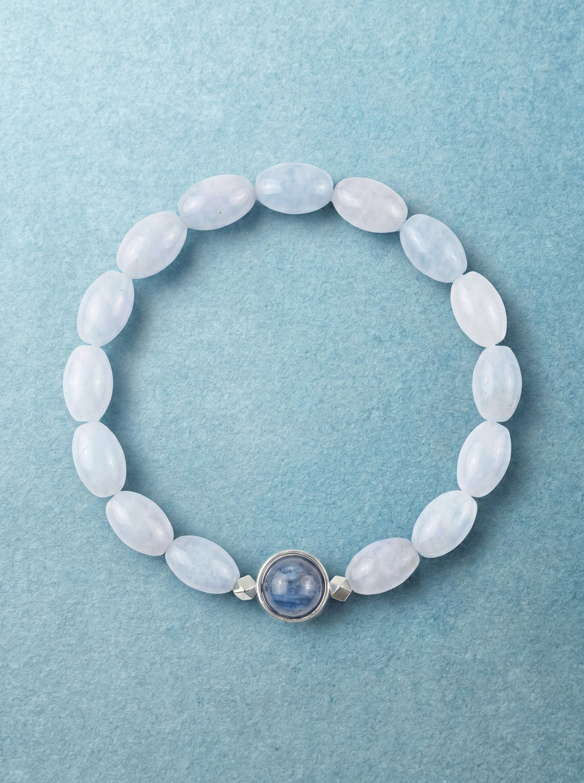 Blue Chalcedony Kyanite Seed Bead Bracelet with sterling silver accents