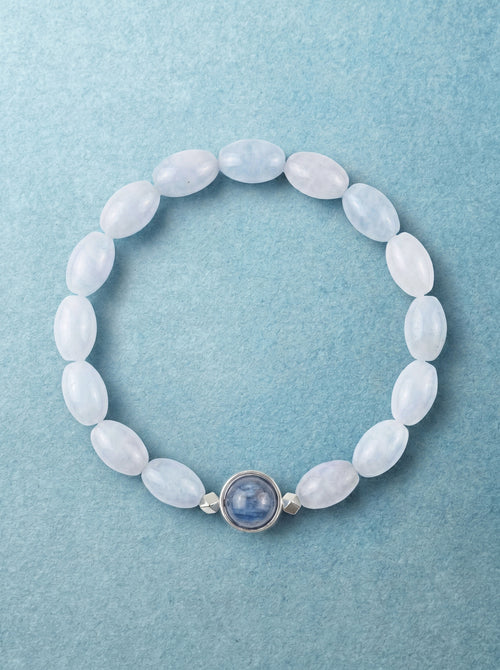 Blue Chalcedony Kyanite Seed Bead Bracelet with sterling silver accents