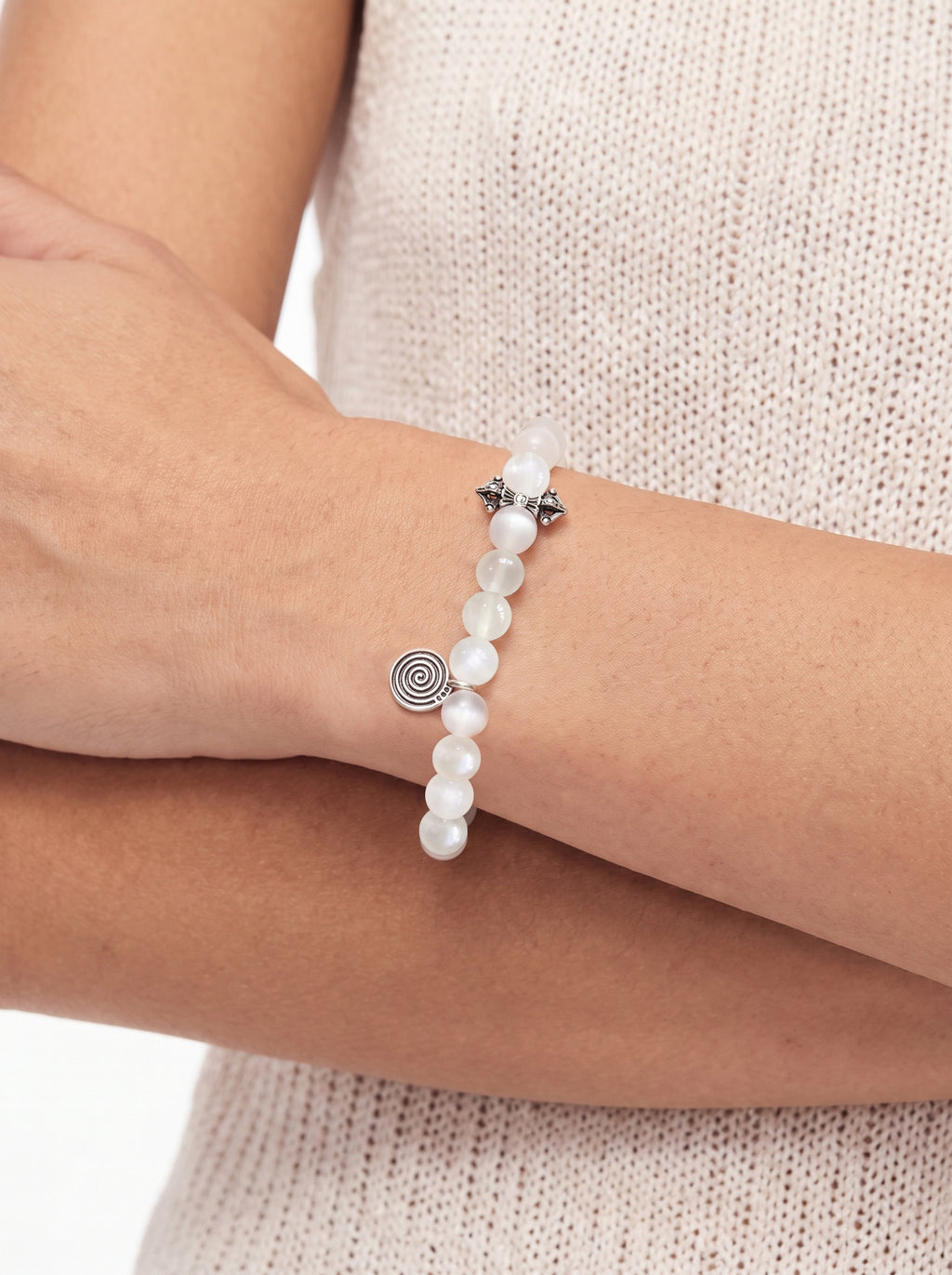 White Moonstone Crown Chakra Vintage Silver Bracelet worn on wrist