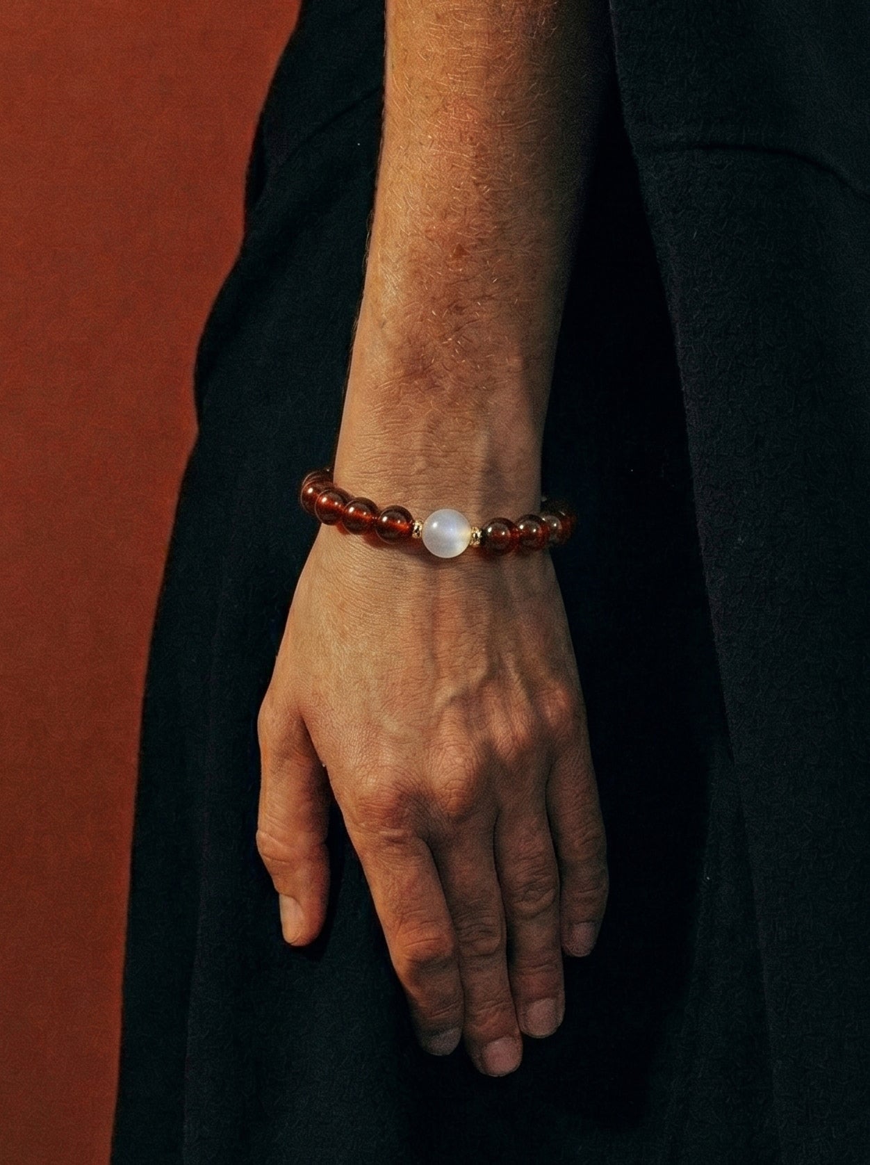Garnet Moonstone Accent Bracelet worn on wrist