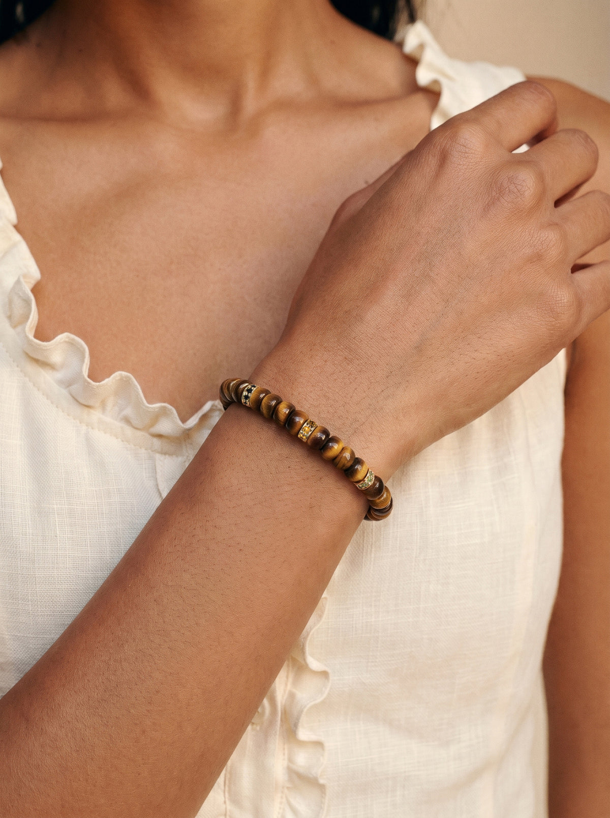 Tiger Eye Solar Plexus Chakra Tablet Bracelet worn on wrist