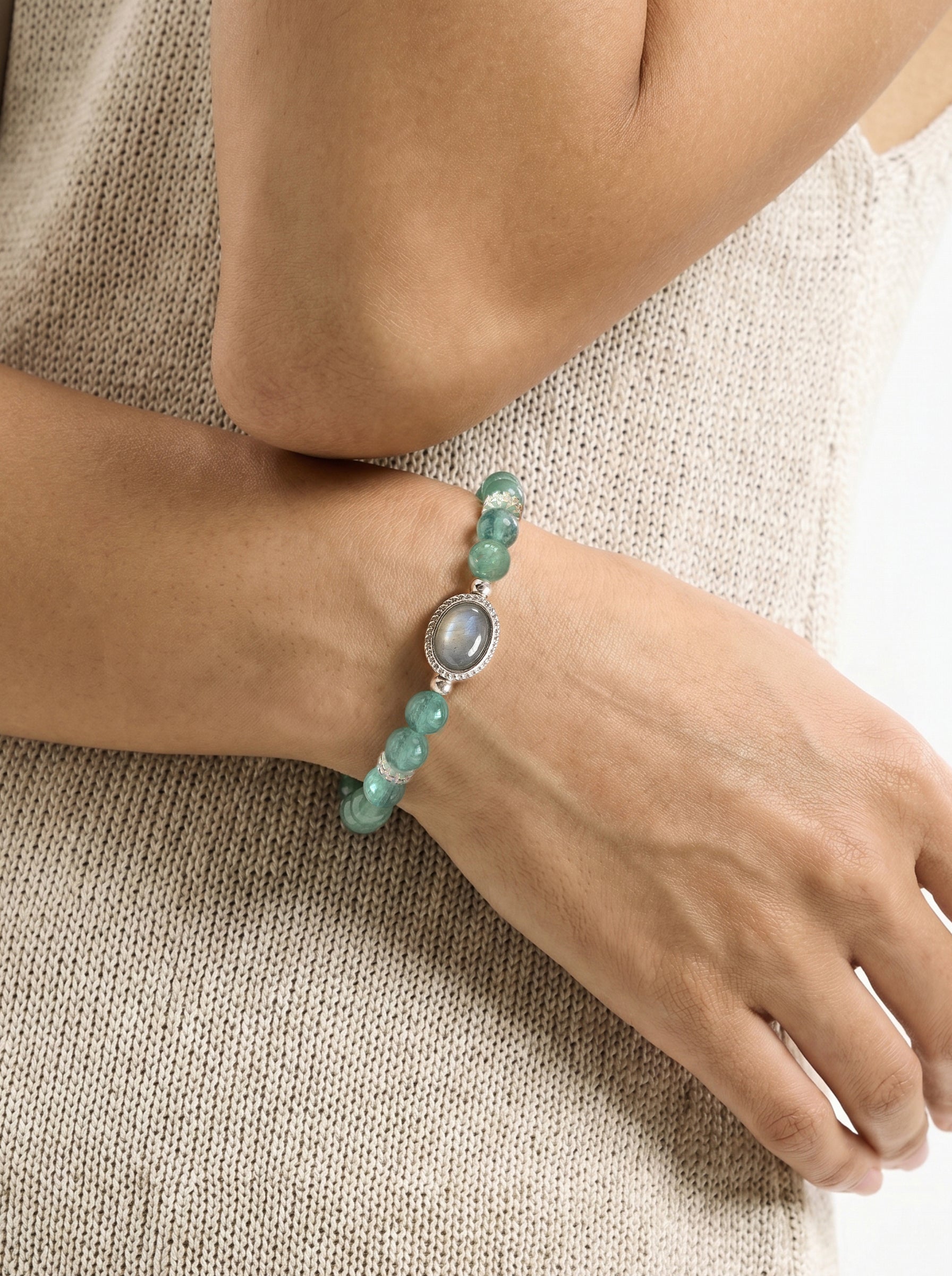 Green Blue Kyanite Statement Bracelet worn on wrist