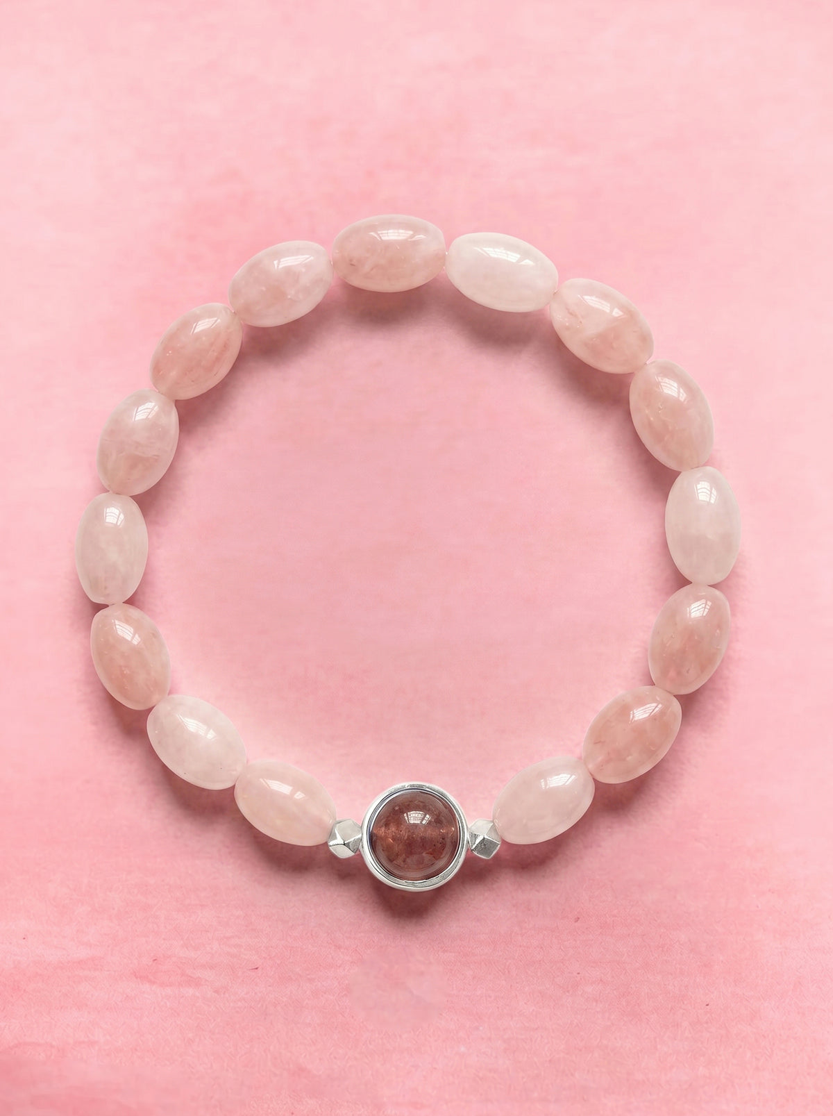 Pink Morganite Strawberry Quartz Seed Bead Bracelet with sterling silver accents